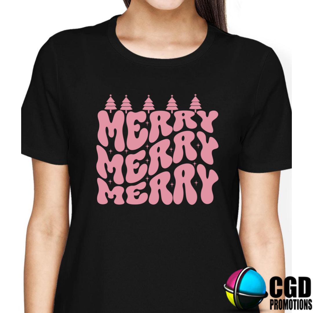 Merry Merry Merry Pink Adult Christms Printed Shirt - Unisex Mens & Ladies Fitted