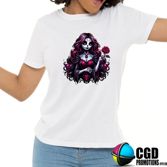 Goth Witch SugarSkull with Red Rose & Dress with Skull Skeleton - Halloween T-shirts Adult Printed Shirt - Men's Unisex, Ladies Fitted Nightmare before Christmas