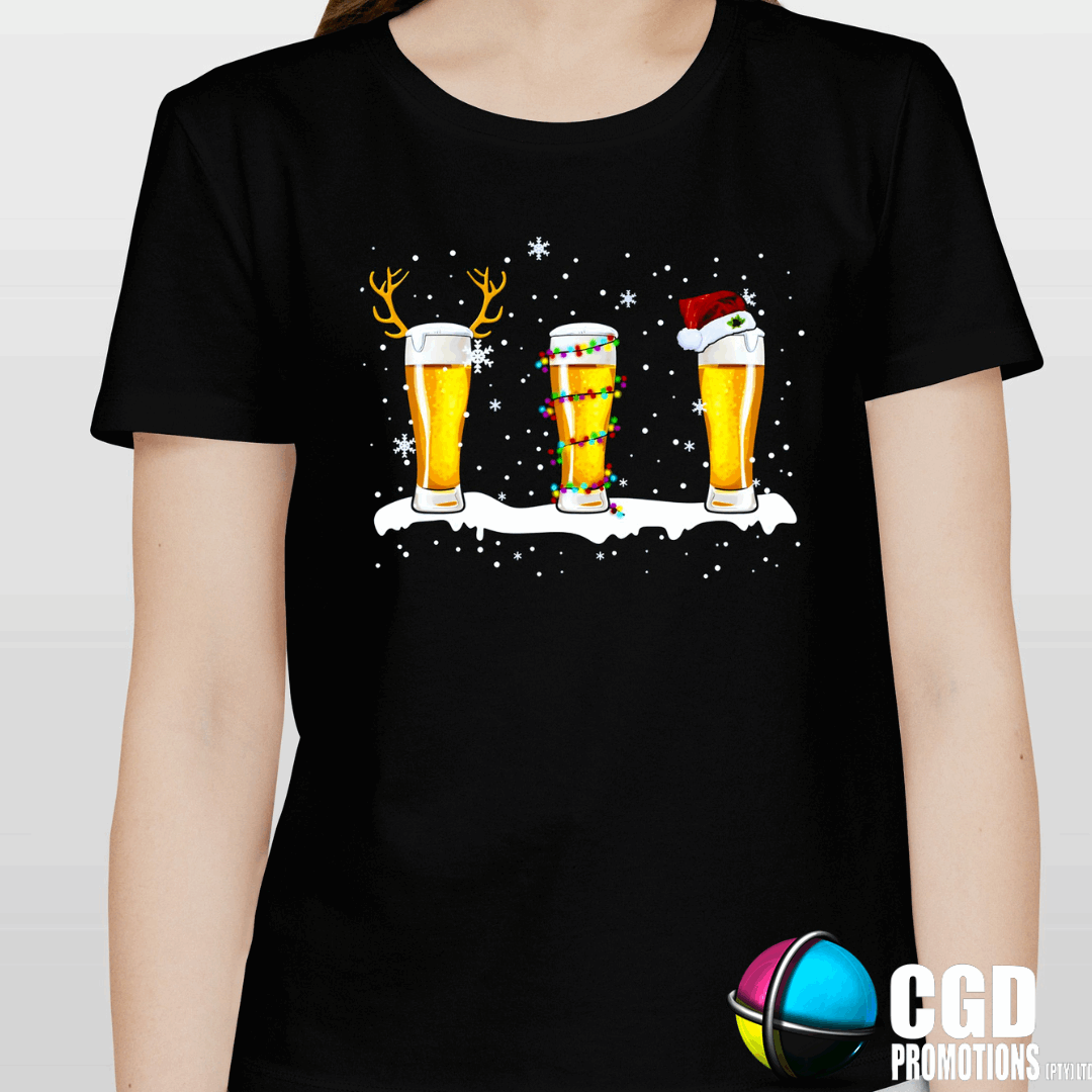 Festive Beer with Santa Hat Reindeers and Snow - Christmas Adult Unisex, Ladies Fitted