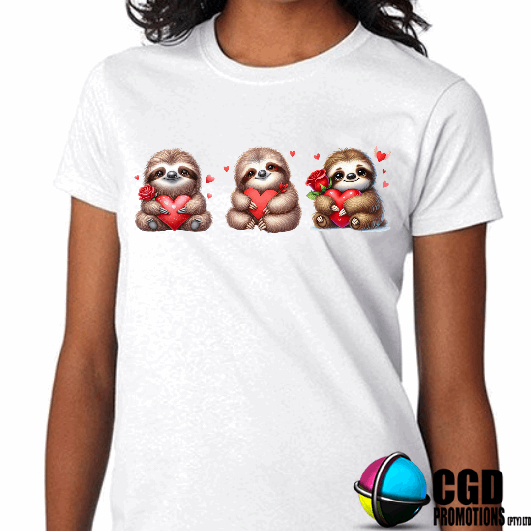Valentine Sloths with hearts - Valentines Day Shirt - Matching Unisex, Ladies Fitted & Kids