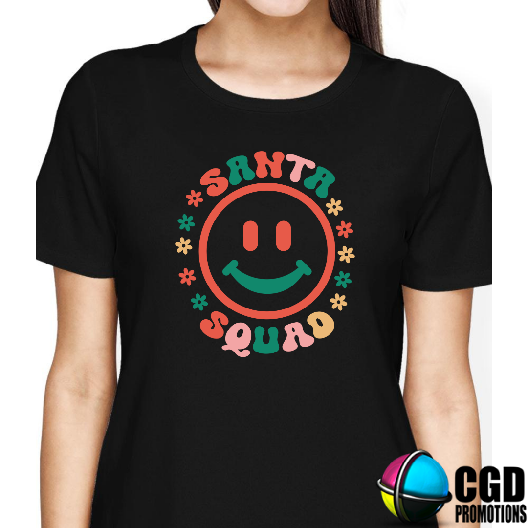 Santa Squad Colourful Smiley Face Print - Christmas Printed Shirt for the Whole Family - Matching Unisex, Ladies Fitted & Kids