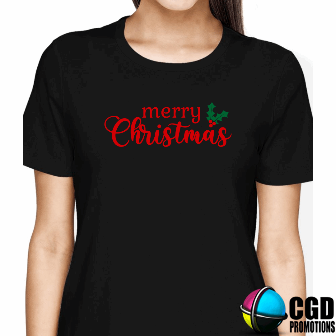 Merry Christmas Red Print with Mistletoe - Christmas Printed Shirt for the Whole Family - Matching Unisex, Ladies Fitted & Kids