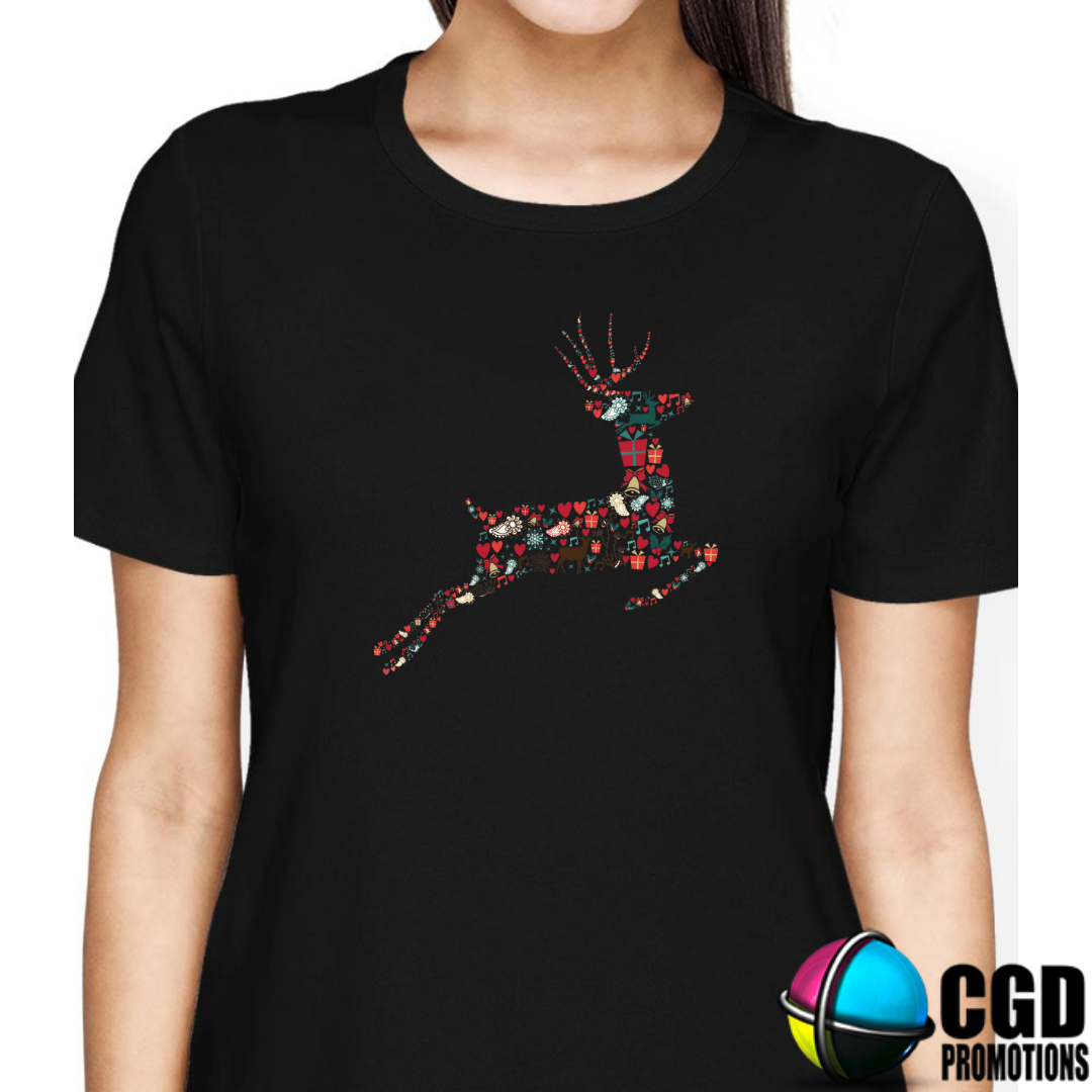 Flying Reindeer Flower and Present Art - Christmas Printed Shirt for the Whole Family - Matching Unisex, Ladies Fitted & Kids