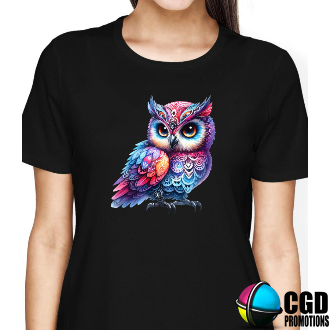 Beautiful Multicolour Owl with Pattern feathers pink purple blue Halloween T-shirts Adult Printed Shirt - Unisex & Ladies Fitted
