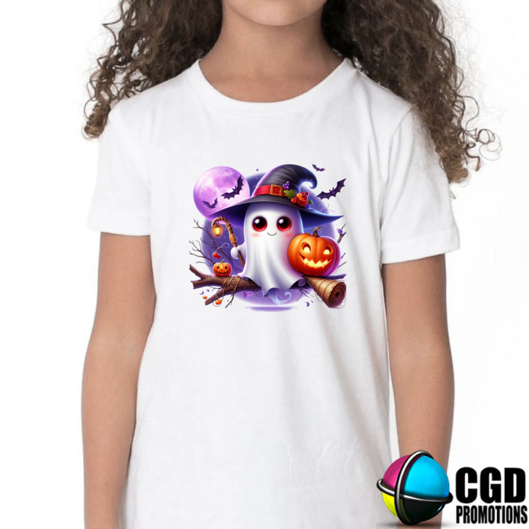 Cute Bold Ghost with Moon, Pumpkin & Bats Halloween Kids Printed Shirt