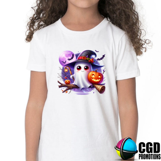 Cute Bold Ghost with Moon, Pumpkin & Bats Halloween Kids Printed Shirt