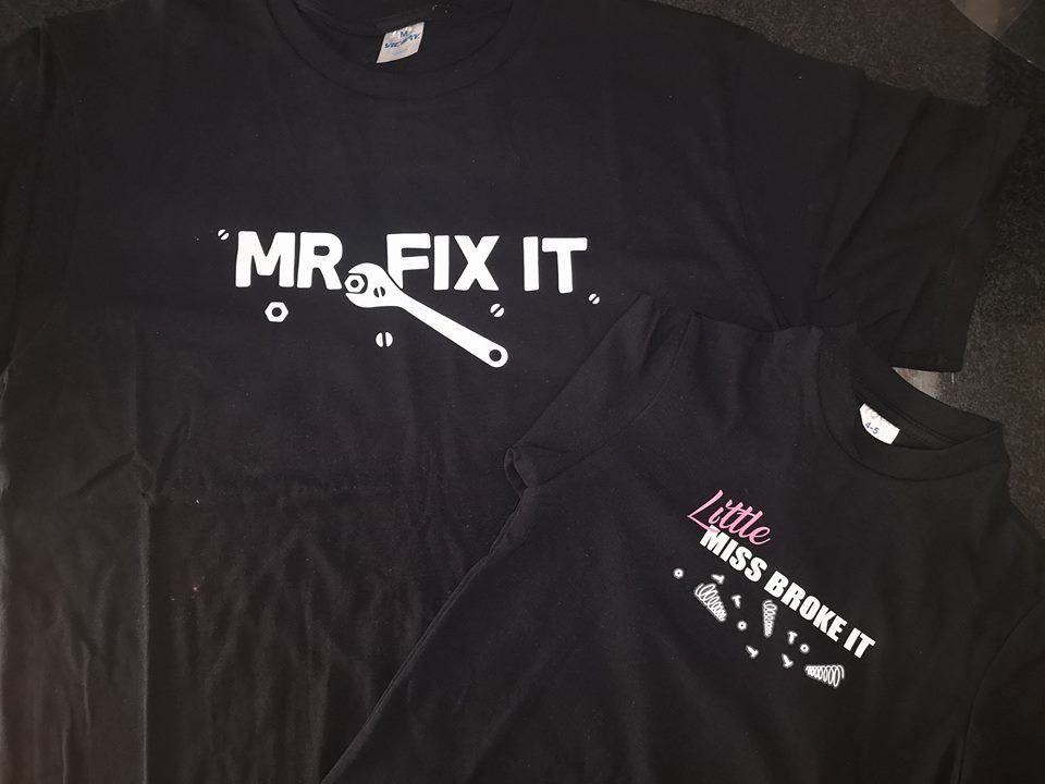 “Father and child wearing Mr Fix It & Little Miss Broke It matching t-shirts – unisex adult and kids tee set”