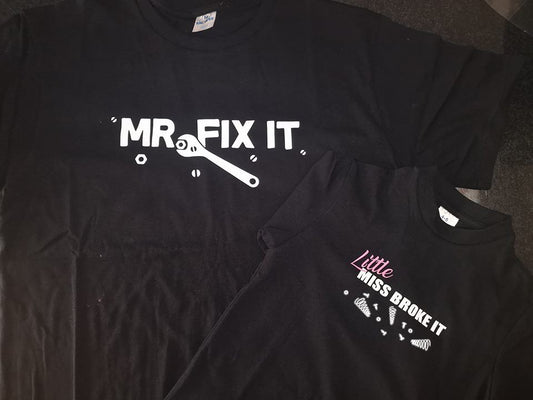 “Father and child wearing Mr Fix It & Little Miss Broke It matching t-shirts – unisex adult and kids tee set”