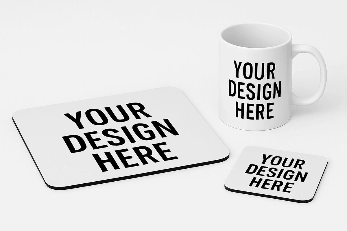 Custom Design Personalised Mug, Mousepad & Coaster Set – Your Logo or Image