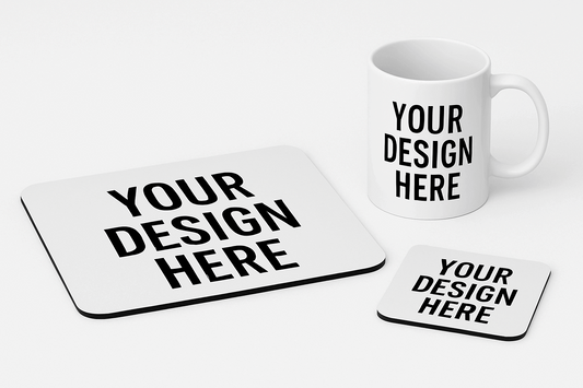 Custom Design Personalised Mug, Mousepad & Coaster Set – Your Logo or Image