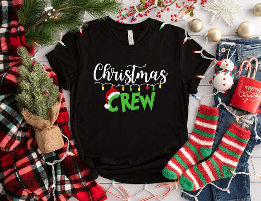 Christmas Crew with Lights Grinch font and Santa Hat - Christmas Printed Shirt for the Whole Family - Matching Unisex, Ladies Fitted & Kids