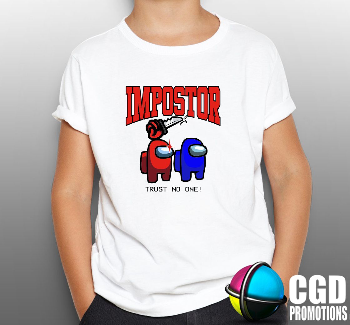 Imposter Trust No One Among Us Shirt - Gaming Printed Shirt - Matching Unisex, Ladies Fitted & Kids Red imposter stabbing blue