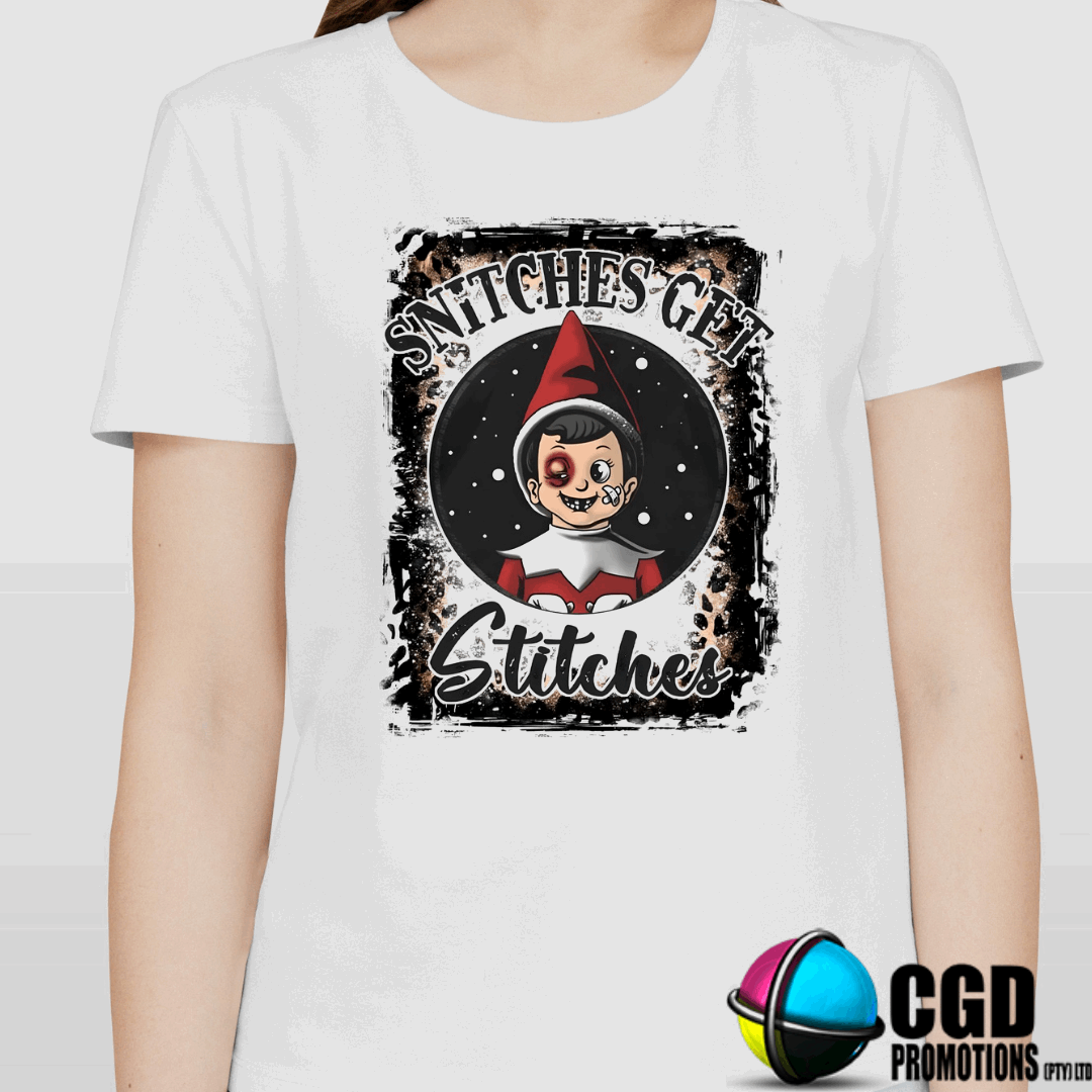 Elf Snitches Get Stiches Christmas Printed Family Shirt - Matching Christmas Adult Unisex, Ladies Fitted & Kids