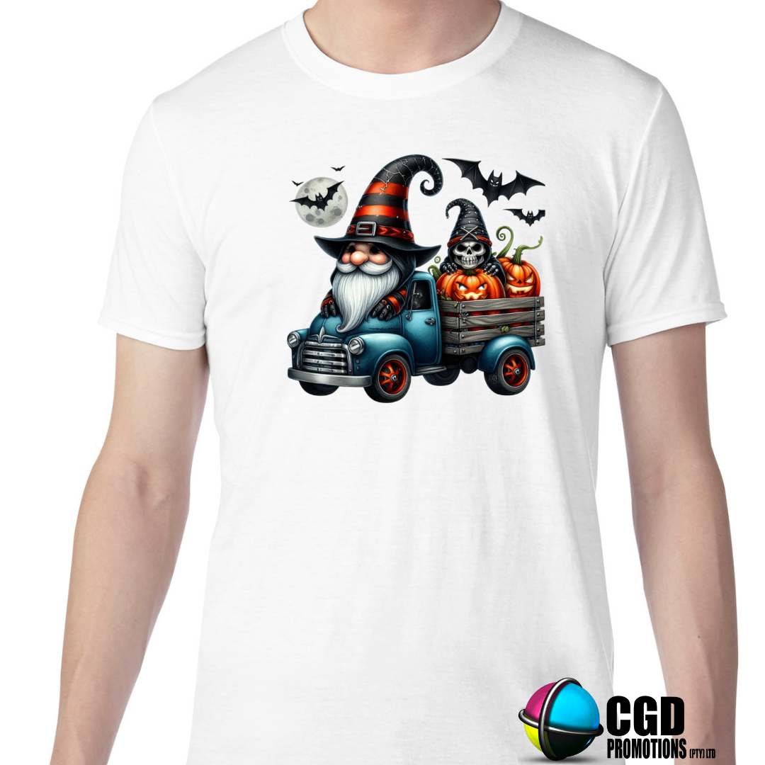 Gnome with orange stiped hat with Skeleton and Pumpkin Halloween T-shirts Adult Printed Shirt - Unisex & Ladies Fitted (Copy)