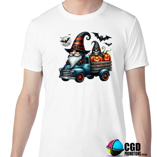Gnome with orange stiped hat with Skeleton and Pumpkin Halloween T-shirts Adult Printed Shirt - Unisex & Ladies Fitted (Copy)