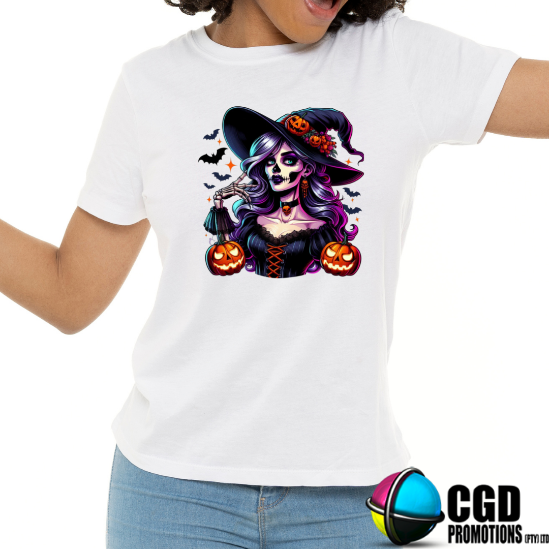 Goth Witch Skeleton with Vintage Dress &Pumpkins - Halloween T-shirts Adult Printed Shirt - Men's Unisex, Ladies Fitted