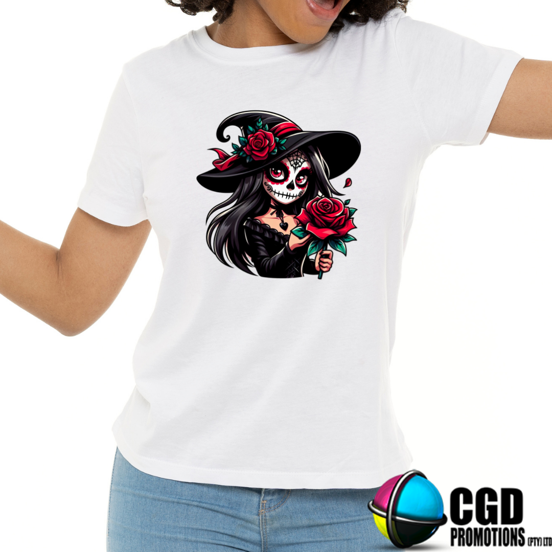 Goth Witch SugarSkull with Red Roses - Halloween T-shirts Adult Printed Shirt - Men's Unisex, Ladies Fitted