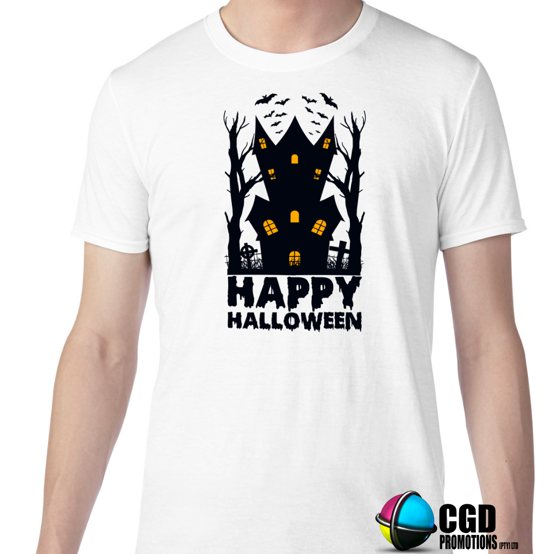 Happy Halloween with Haunted House - Halloween T-shirts Adult & Kids Printed Shirt - Unisex, Ladies Fitted & Kids