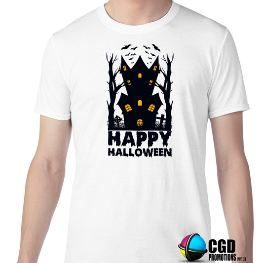 Happy Halloween with Haunted House - Halloween T-shirts Adult & Kids Printed Shirt - Unisex, Ladies Fitted & Kids