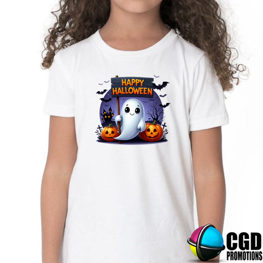 Happy Halloween with Ghost, Haunted House and Pumkin - Halloween Matching T-shirts Adult & Kids Printed Shirt - Unisex, Ladies Fitted & Kids (Copy)