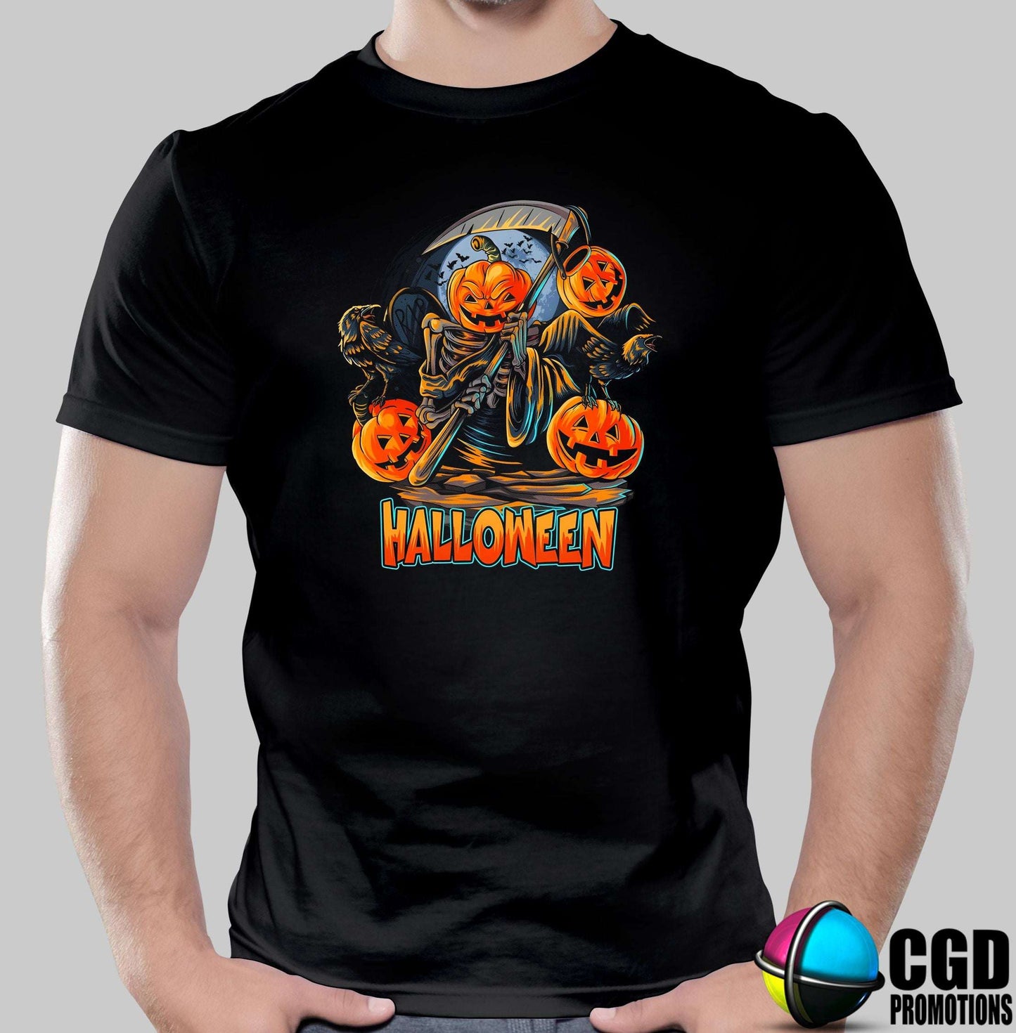 Horror Skeleton Grimm Reaper with sickle and pumpkins - Halloween T-shirts Adult Printed Shirt - Men's Unisex, Ladies Fitted (Copy)