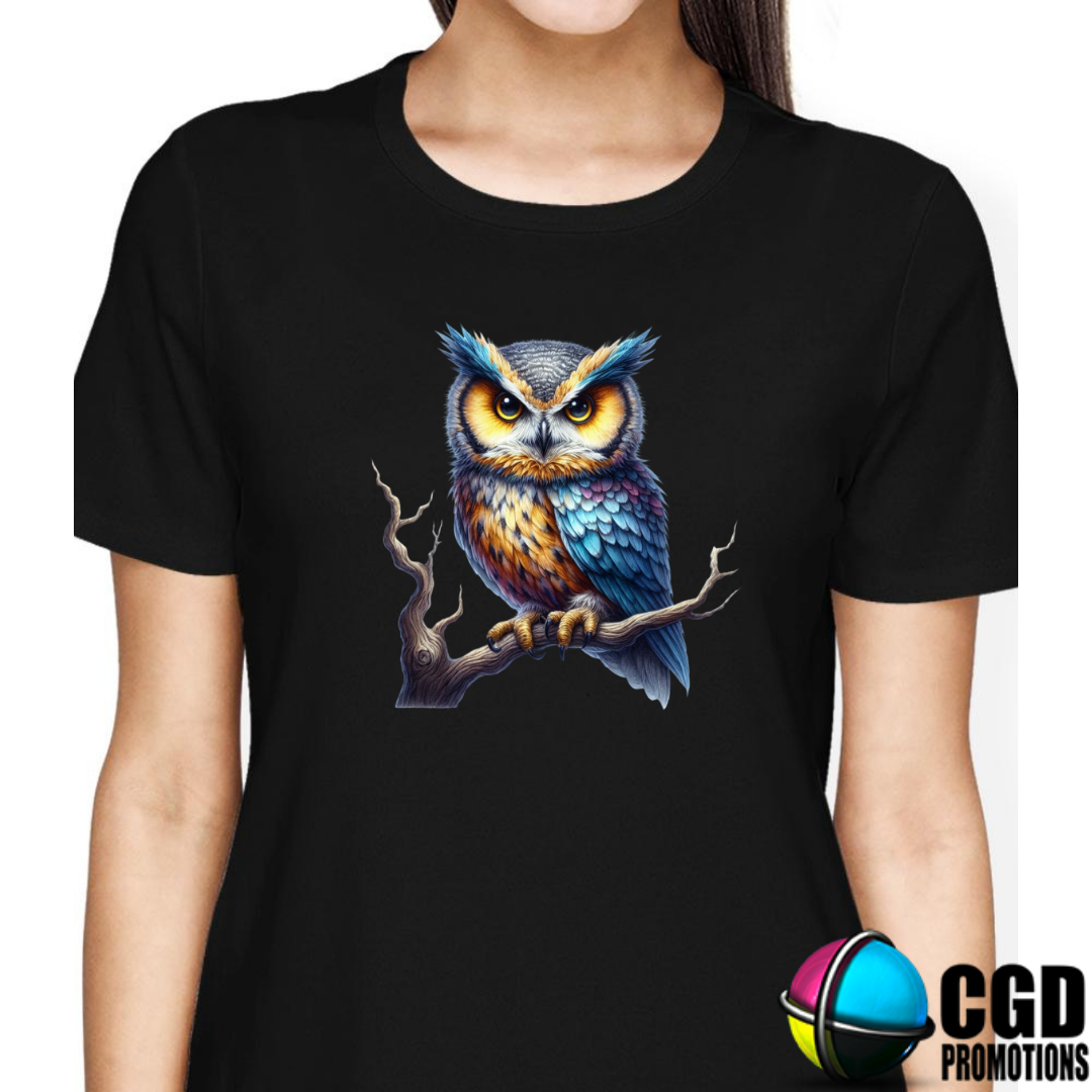 Majestic Owl with yellow blue and orange feathers Halloween T-shirts Adult Printed Shirt - Unisex & Ladies Fitted
