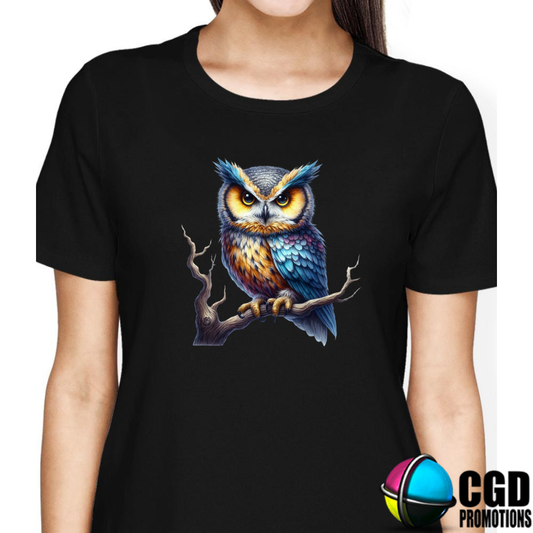Majestic Owl with yellow blue and orange feathers Halloween T-shirts Adult Printed Shirt - Unisex & Ladies Fitted