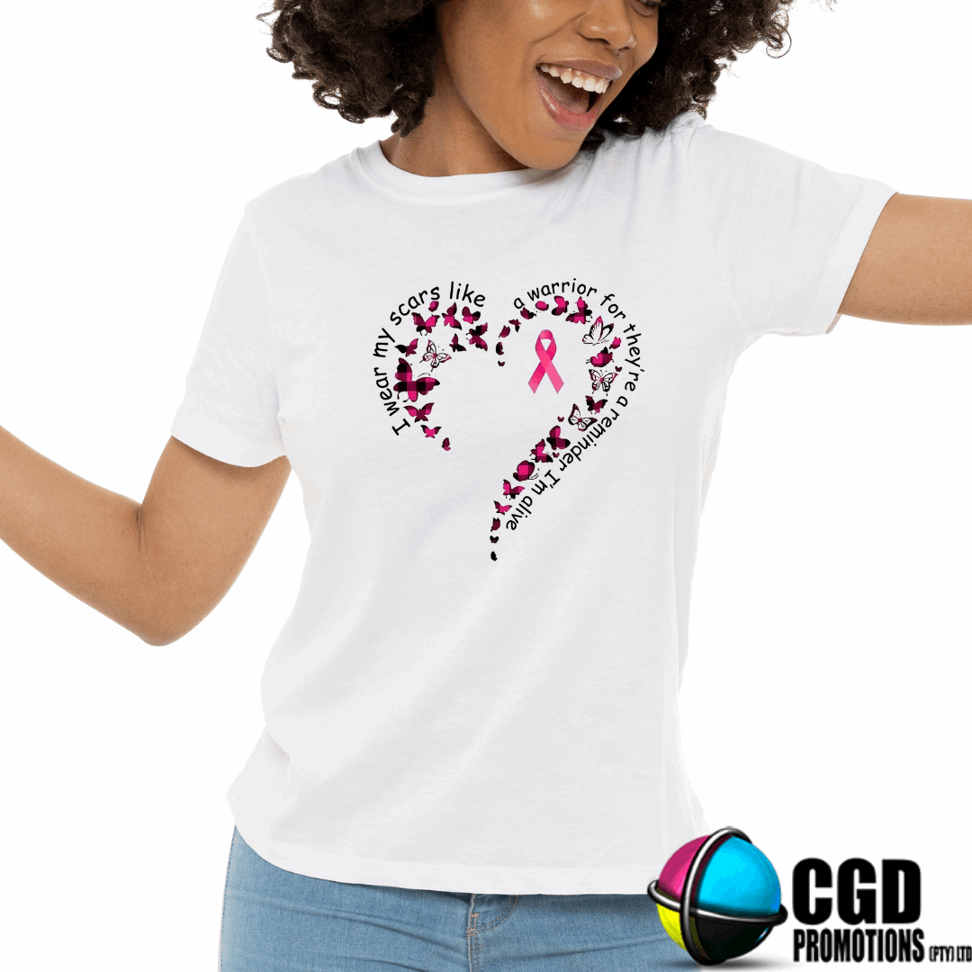 “I Wear My Scars Like a Warrior breast cancer awareness t-shirt – heart, butterflies, and pink ribbon – unisex and women’s sizes South Africa”