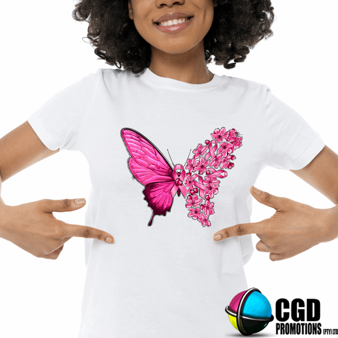 “Breast Cancer Awareness t-shirt with butterfly wing design – unisex and women’s sizes South Africa”