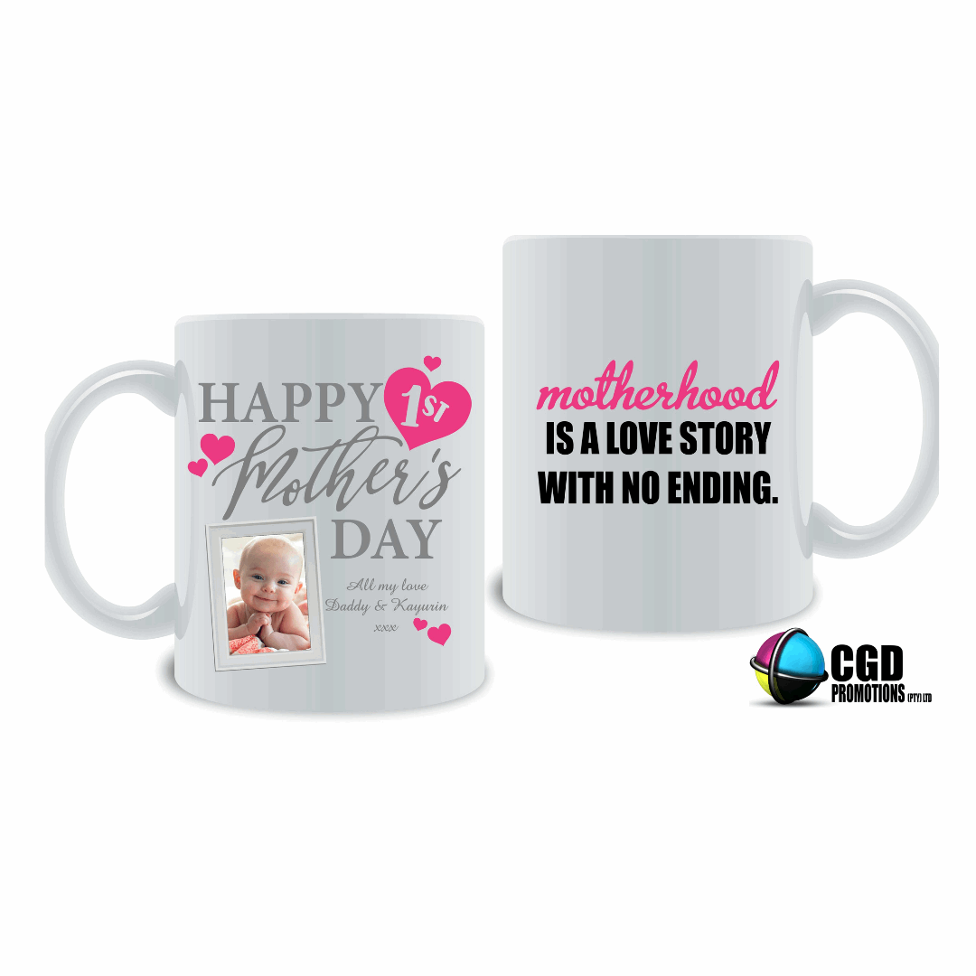 My 1st Mothers Day Motherhood is a love story with no ending with personalised photo Mother's day Mug / Tumbler pink heart and working Personalised Mothers day mug