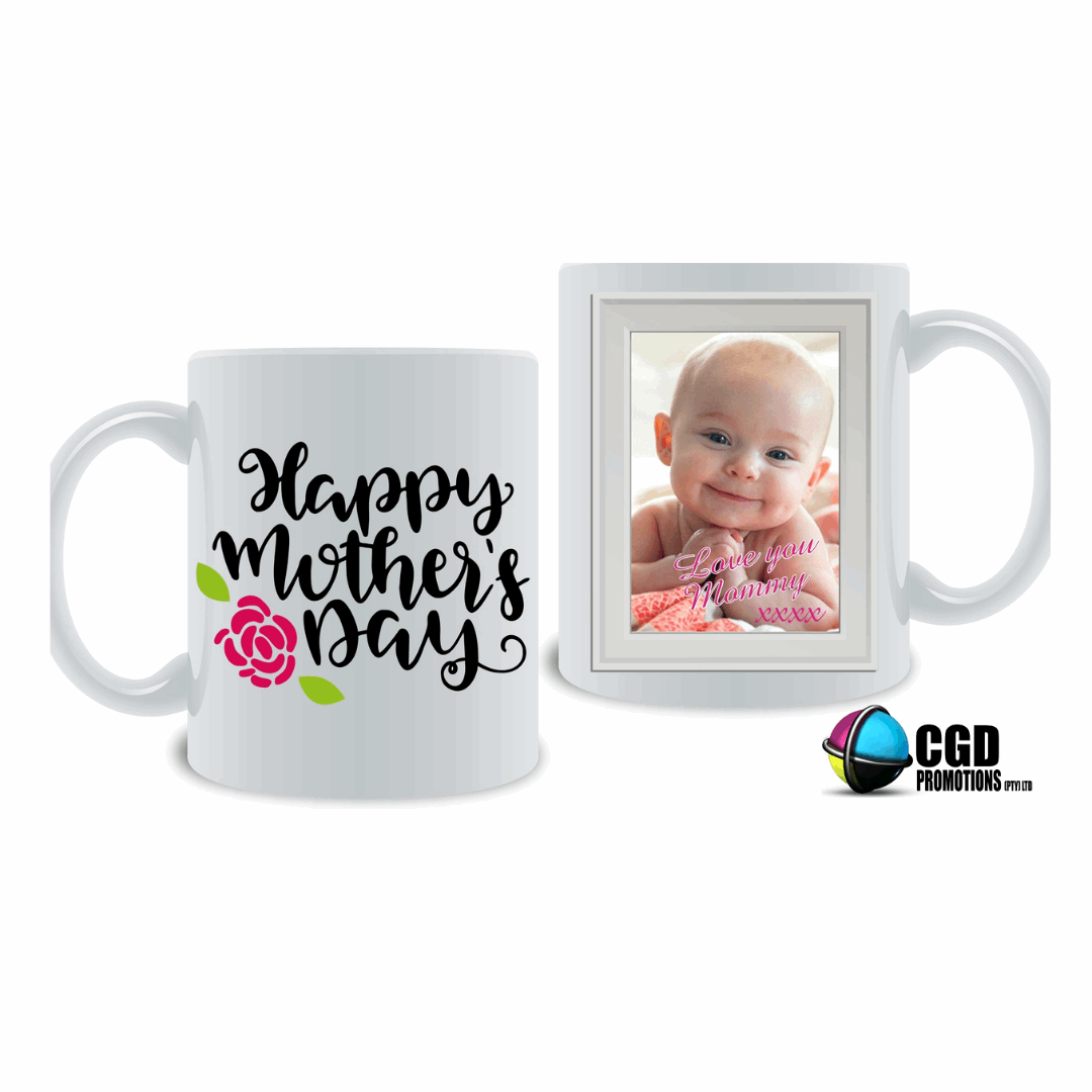 Happy Mothers Day Black print with pink flower with personalised photo Mother's day Mug / Tumbler