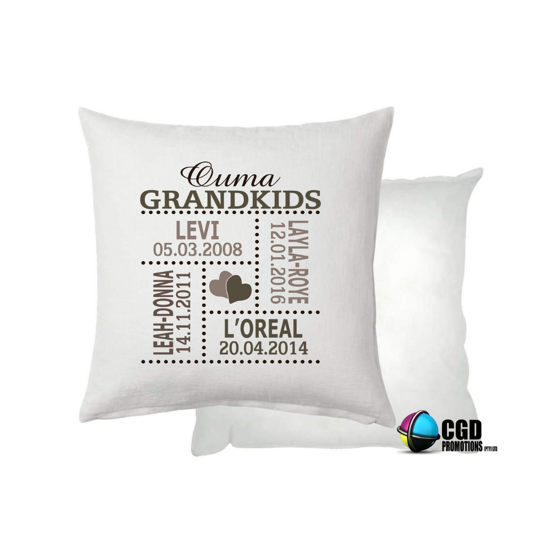 Personalised Ouma/Granny Cushion – Custom Grandkids’ Names & Birthdates (Up to 6)
