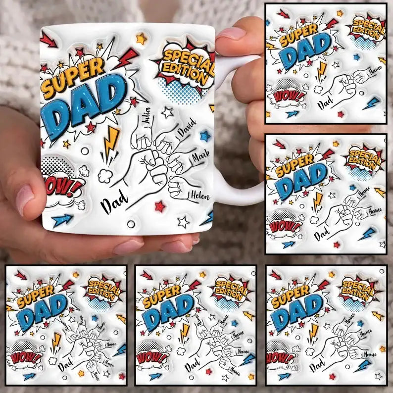 Title
Custom Up to 6 Kids Holding Super Dad Dad's Hand with Names Mug / Tumbler