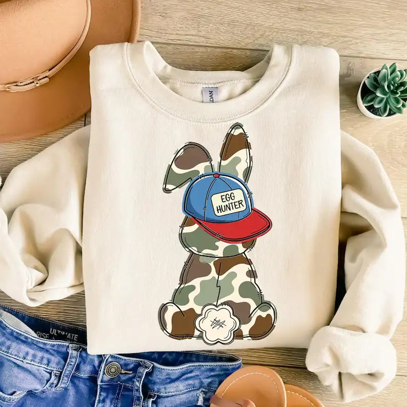 Camo Egg Hunter Bunny Bunny Kids Easter Printed Shirt