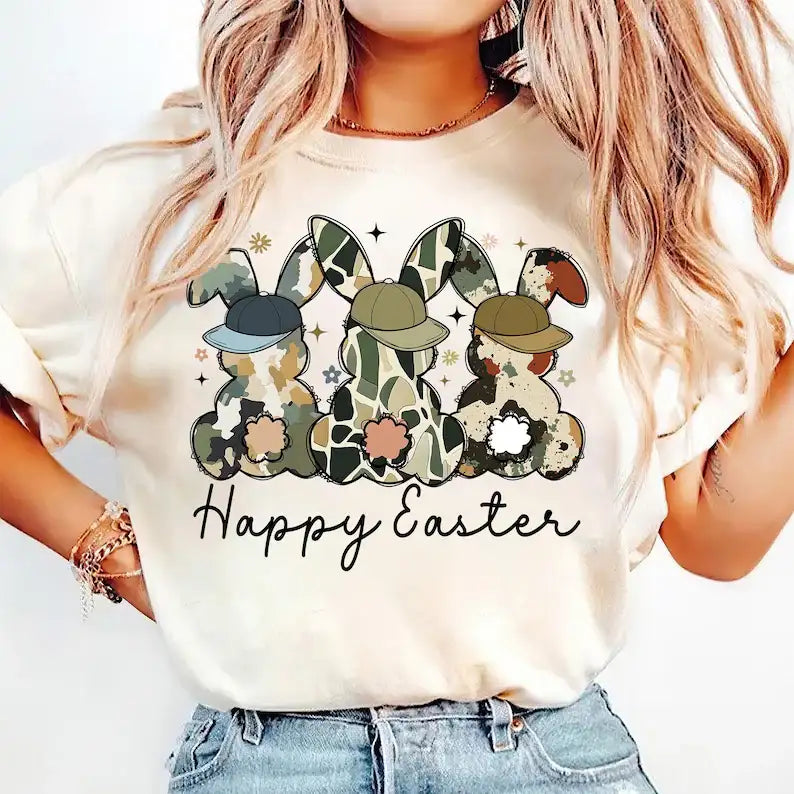 Camo Three Bunny Happy Easter Adult & Kids Easter Printed Shirts - Unisex, Ladies fitted & Kids