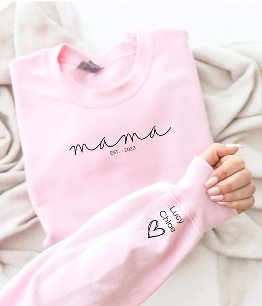 Mama Est Children Names on Sleeve & Heart Unisex Mother's Day Printed Hoodie / Sweater