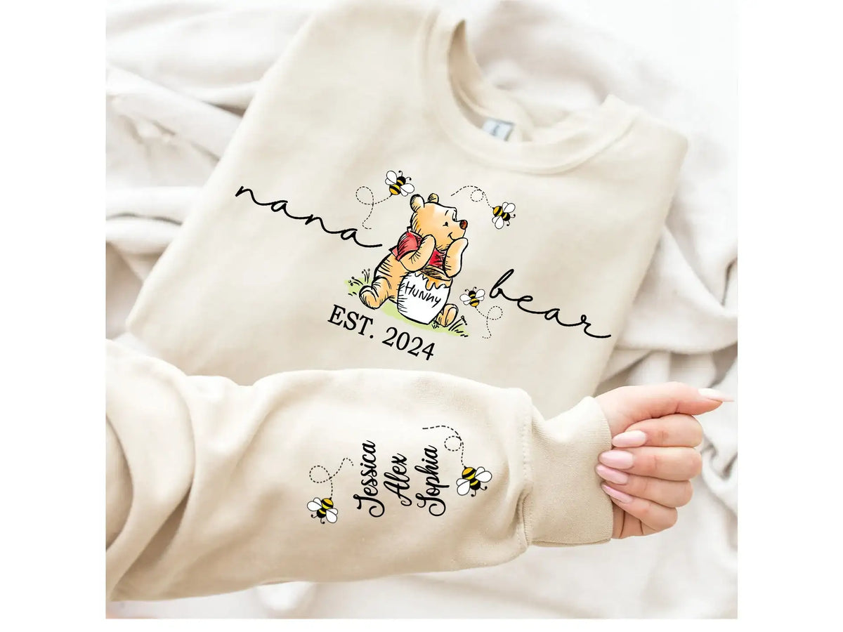 Mama Bear Pooh with Children Names on Sleeve Unisex Mother's Day Printed Hoodie / Sweater