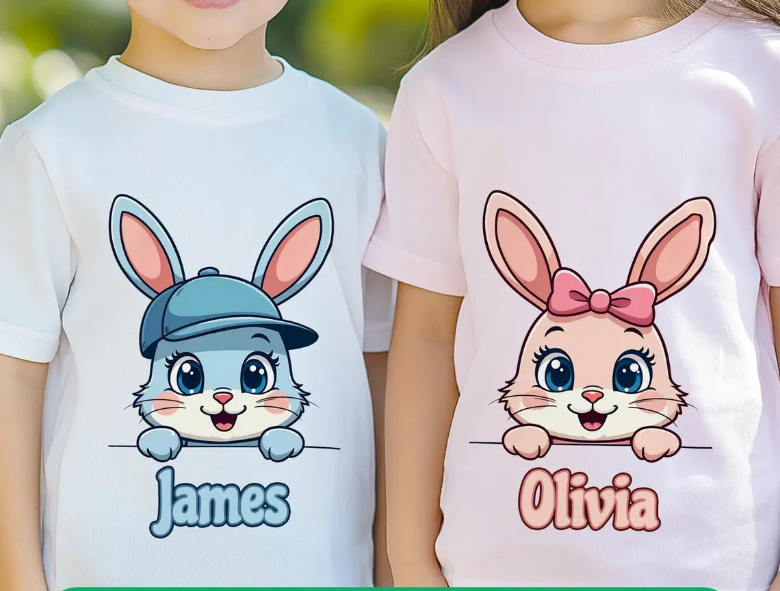 Cute Blue & Pink Peeping Personalised Boy & Girl Bunny Kids Easter Printed Shirts