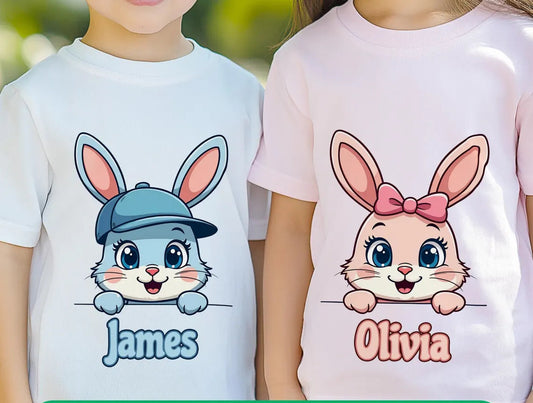 Cute Blue & Pink Peeping Personalised Boy & Girl Bunny Kids Easter Printed Shirts