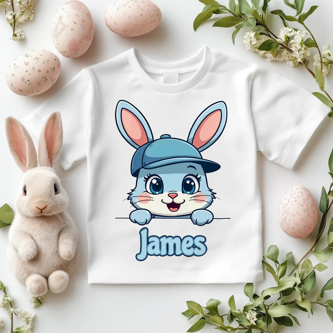 Cute Blue & Pink Peeping Personalised Boy & Girl Bunny Kids Easter Printed Shirts