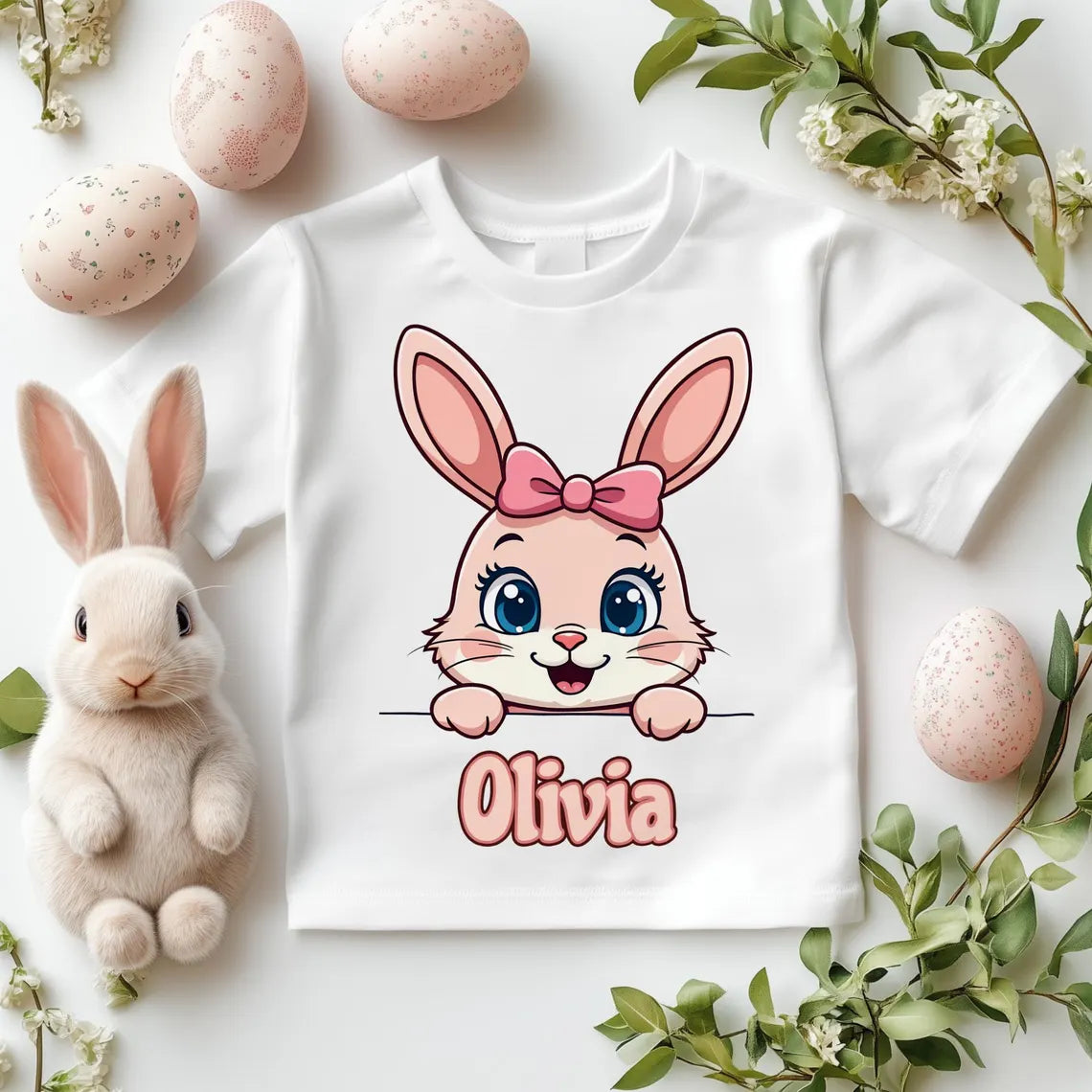 Cute Blue & Pink Peeping Personalised Boy & Girl Bunny Kids Easter Printed Shirts