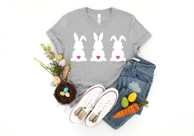 Three Bunnies with Heart Tale Easter Adult & Kids Easter Printed Shirts - Unisex, Ladies Fitted & Kids
