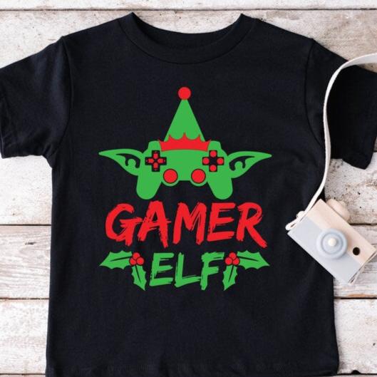 Gamer Elf Christmas Printed Shirt for Gamers - Matching Unisex, Ladies Fitted & Kids