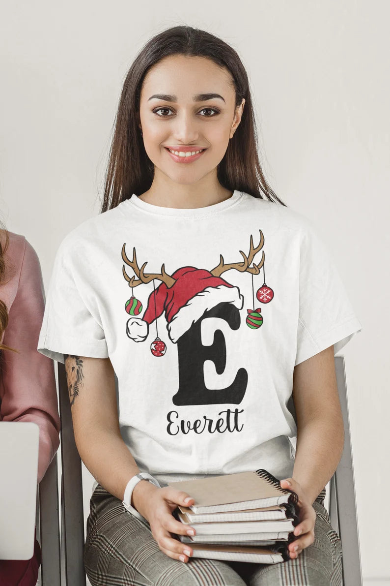 Monogram Matching Family Christmas Shirts with Santa Hat & Custom Name – Set of 4 (2 Adults + 2 Kids)
