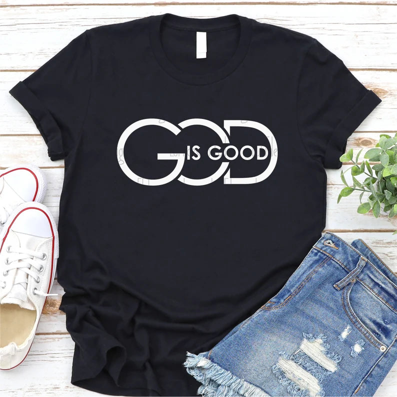 God Is Good Text Adult & Kids Printed Shirt (Faith Based) Retro text chest print
