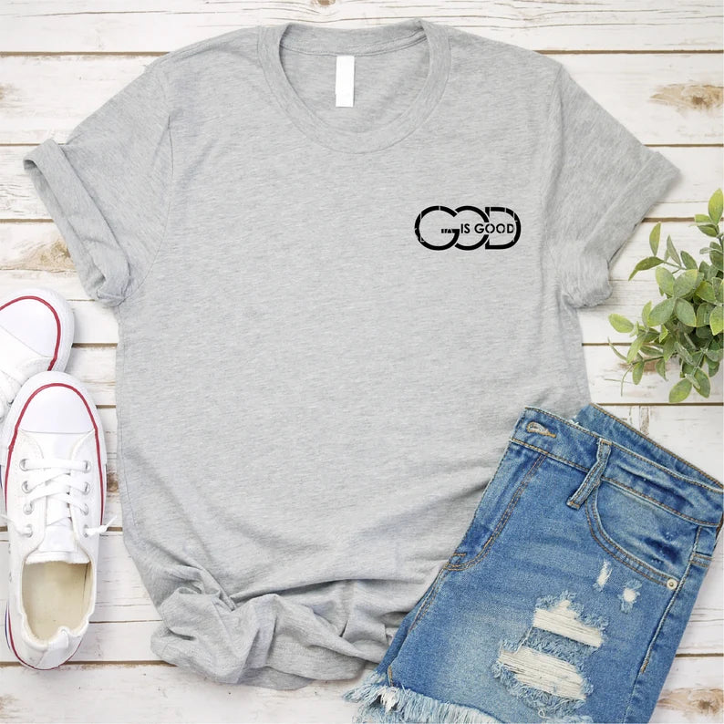 God Is Good Pocket Text Adult & Kids Printed Shirt (Faith Based) retro print pocket print
black print grey shirt