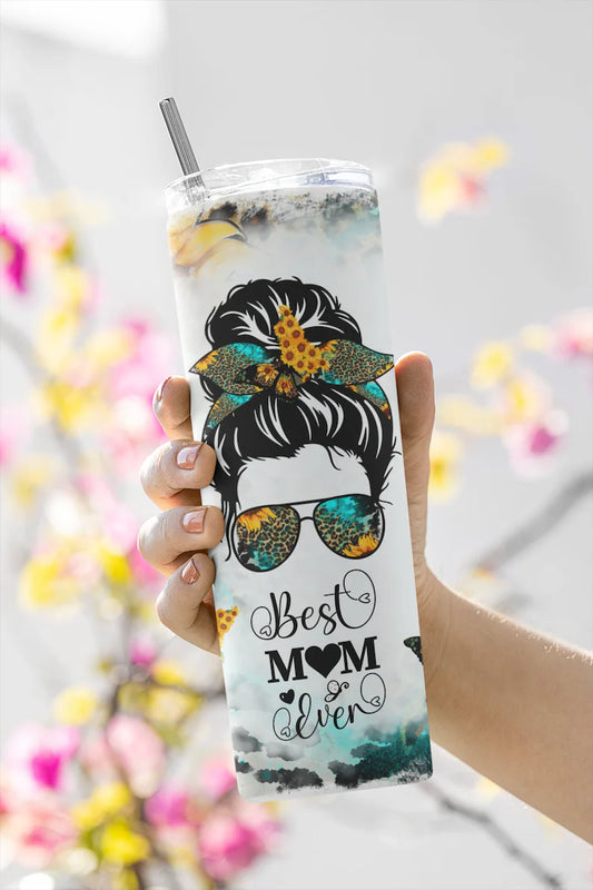 Best Mom Ever Messy Bun & Sunflowers with Nutrician Facts Mother's Day Tumbler