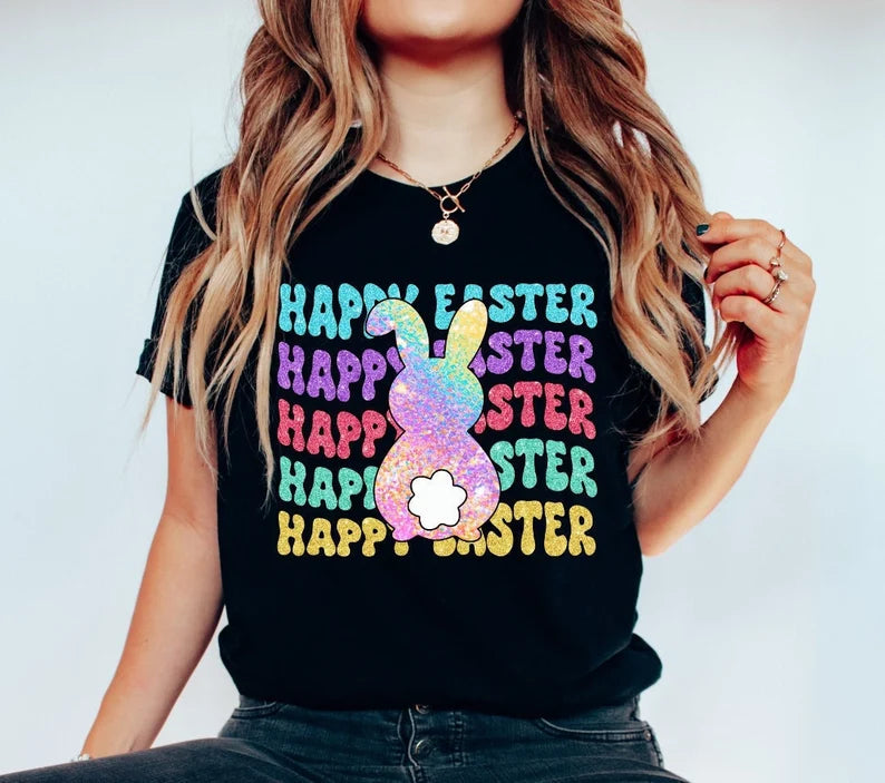 Colourful Happy Easter Bunny Adult & Kids Easter Printed Shirts - Unisex, Ladies fitted & Kids