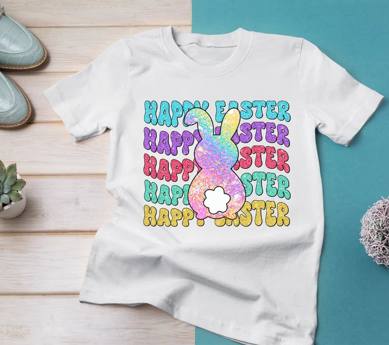 Colourful Happy Easter Bunny Adult & Kids Easter Printed Shirts - Unisex, Ladies fitted & Kids