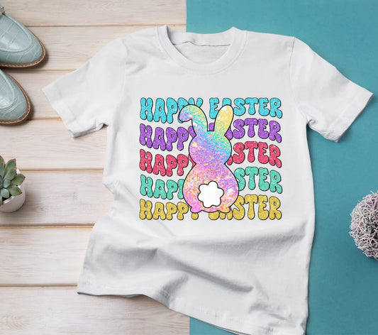 Colourful Happy Easter Bunny Adult & Kids Easter Printed Shirts - Unisex, Ladies fitted & Kids